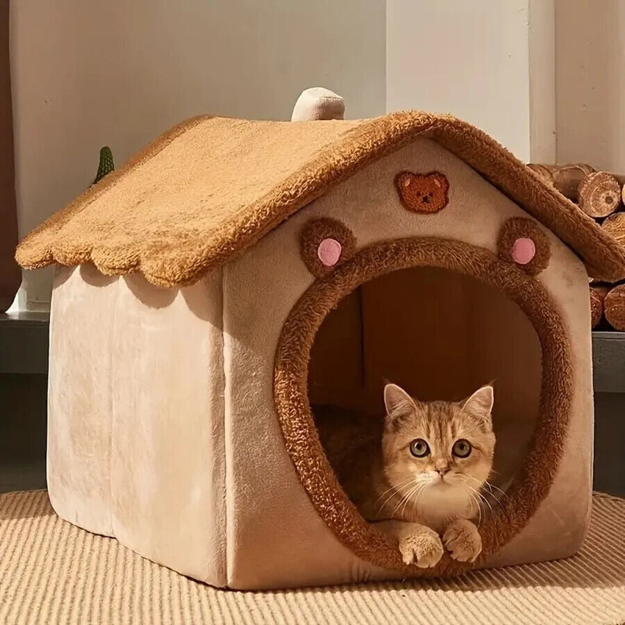 Pet Cat Kitten Dog Beds Igloo Fleece Bed Pyramid Cozy Washable Warm House Cave