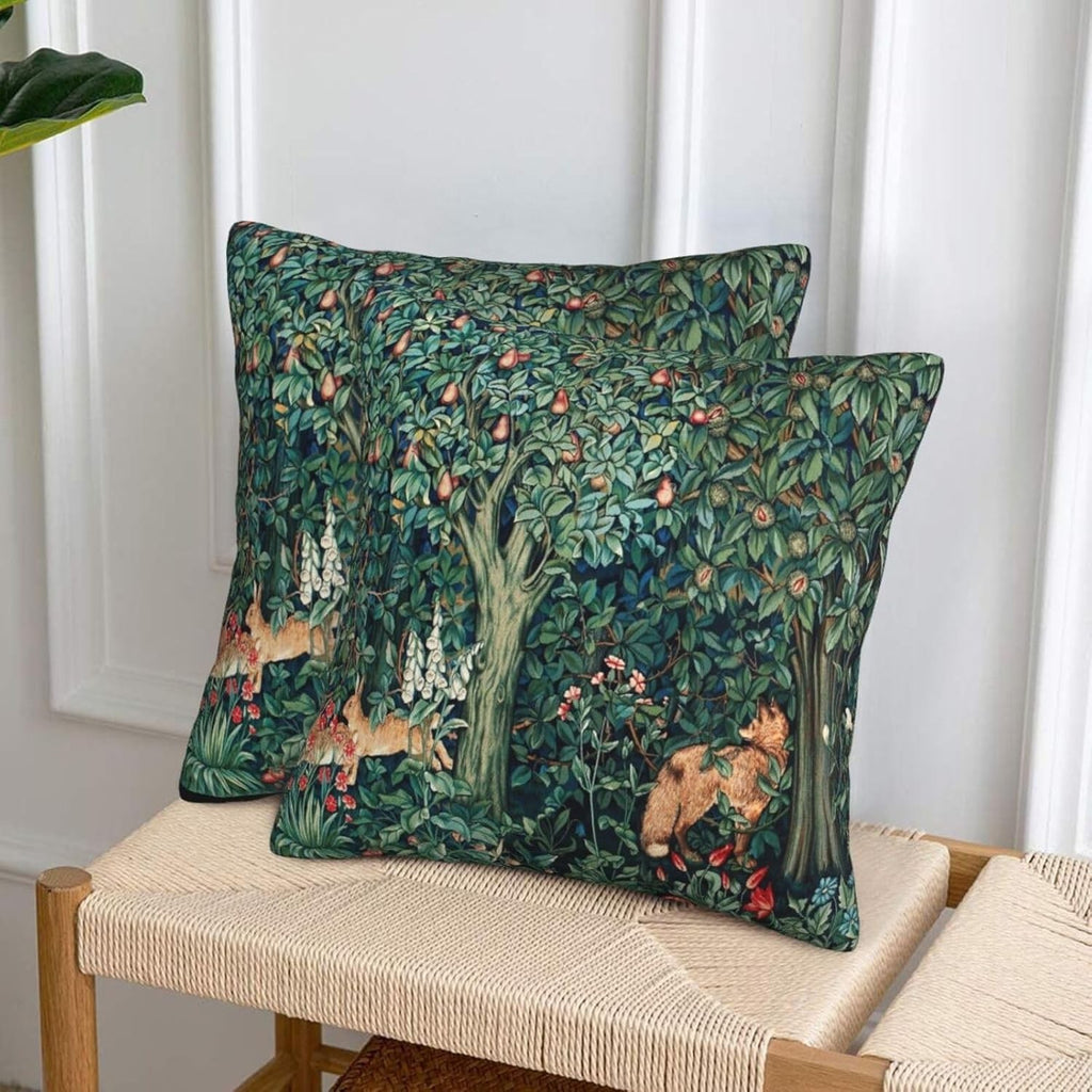 Set of 2 William Morris Pillow Covers Forest Fox Hares Blue Green Floral