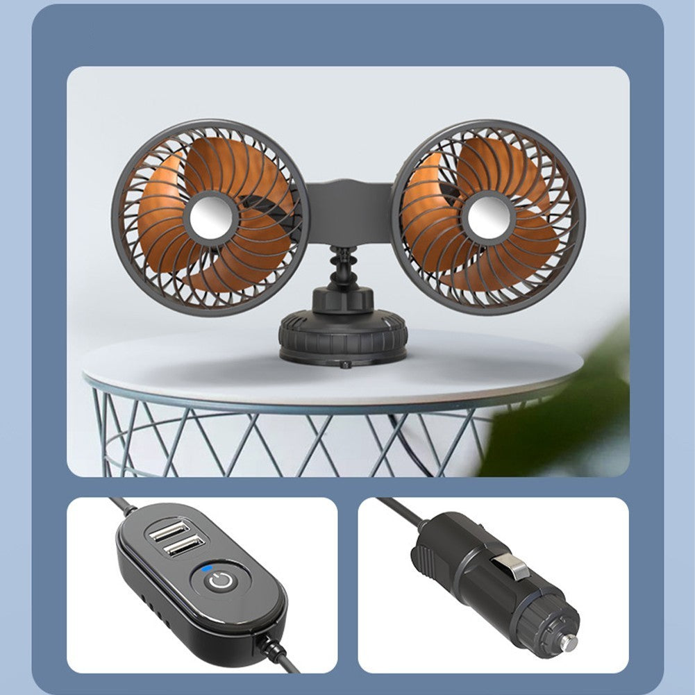 Car Fan for 12V 24V Systems with Suction Cup Mount and Dual Head Airflow Design*