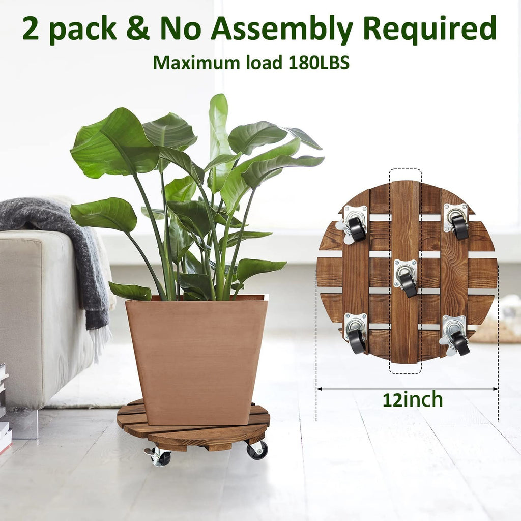 Wooden Round Garden Plant Pot Stand Mover with Wheels Indoor Outdoor Pack of 2