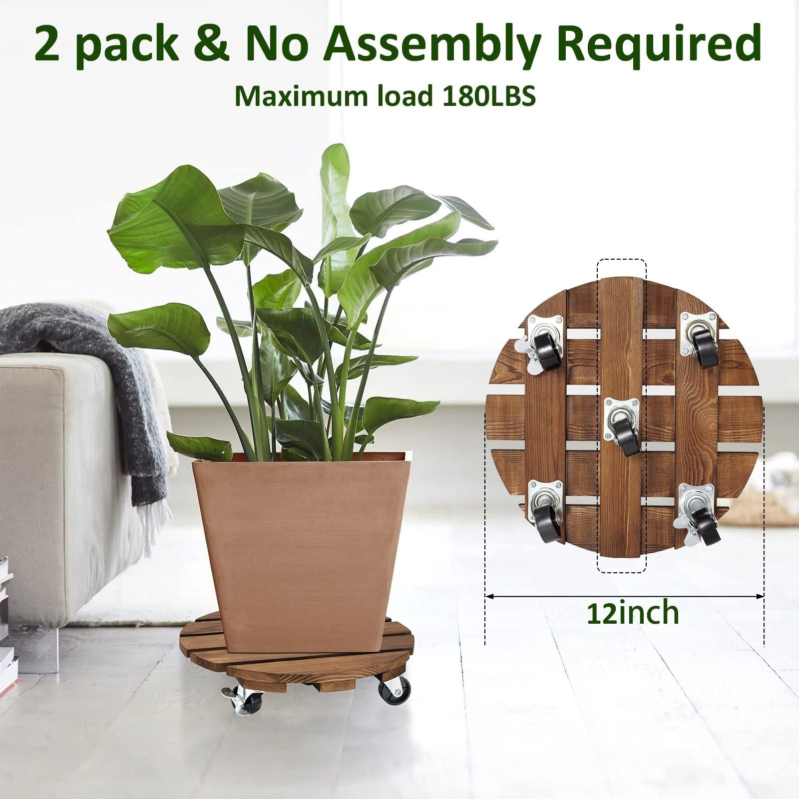 Wooden Round Garden Plant Pot Stand Mover with Wheels Indoor Outdoor Pack of 2