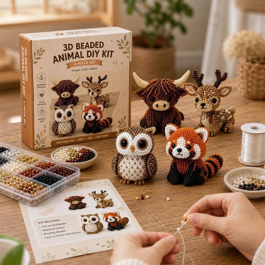 3D Beaded Animal DIY Kit, Cute Animals Bead Embroidery Kit Handmade DIY Animal