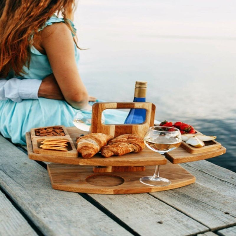 Wooden Foldable Picnic Side Table Wine Glass Holder Portable Outdoor Desk