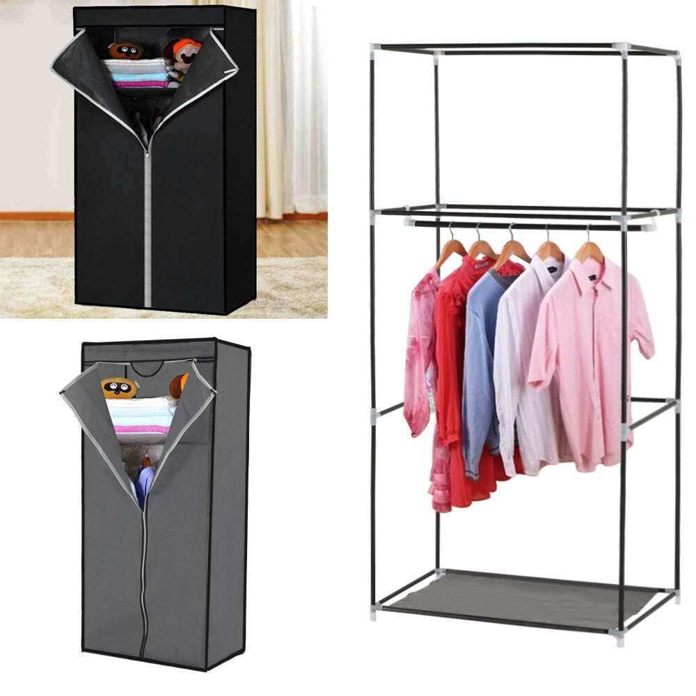 Single Fabric Canvas Wardrobe with Hanging Rail Shelving Clothe Storages Closets