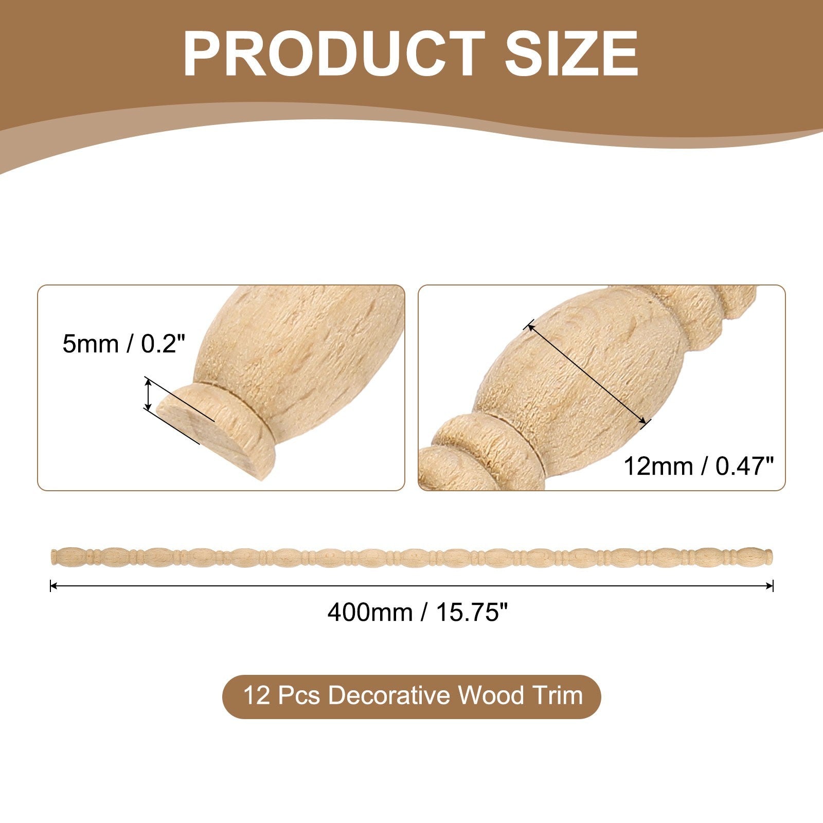 12Pcs 15.75" Decorative Wood Trim, Unfinished 3D Wood Molding (Gourd Line, 12mm)