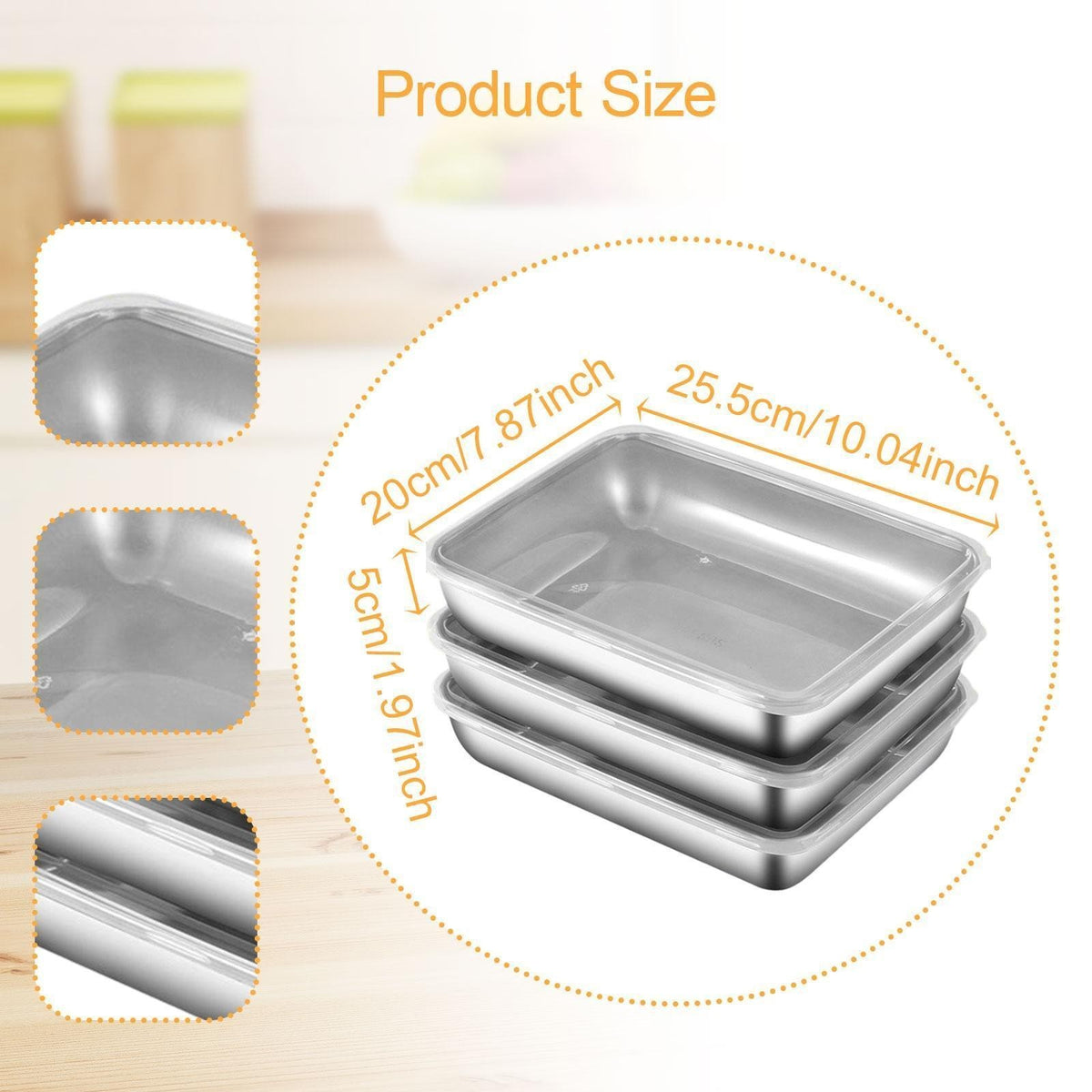 3Pcs Food Storage Containers Stainless Steel 2200ml for Picnic Fridge Pantry