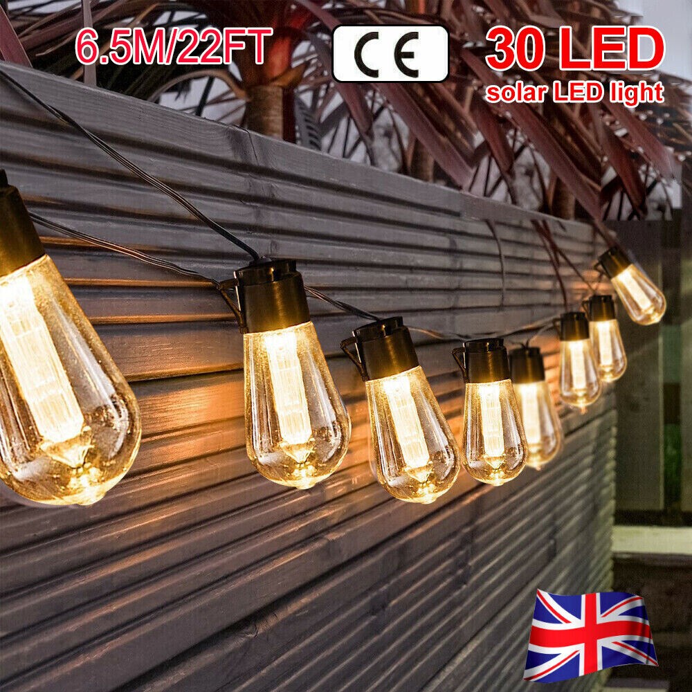 20 LED Solar Powered Retro Bulb String Lights Garden Outdoor Fairy Lamps UK-
