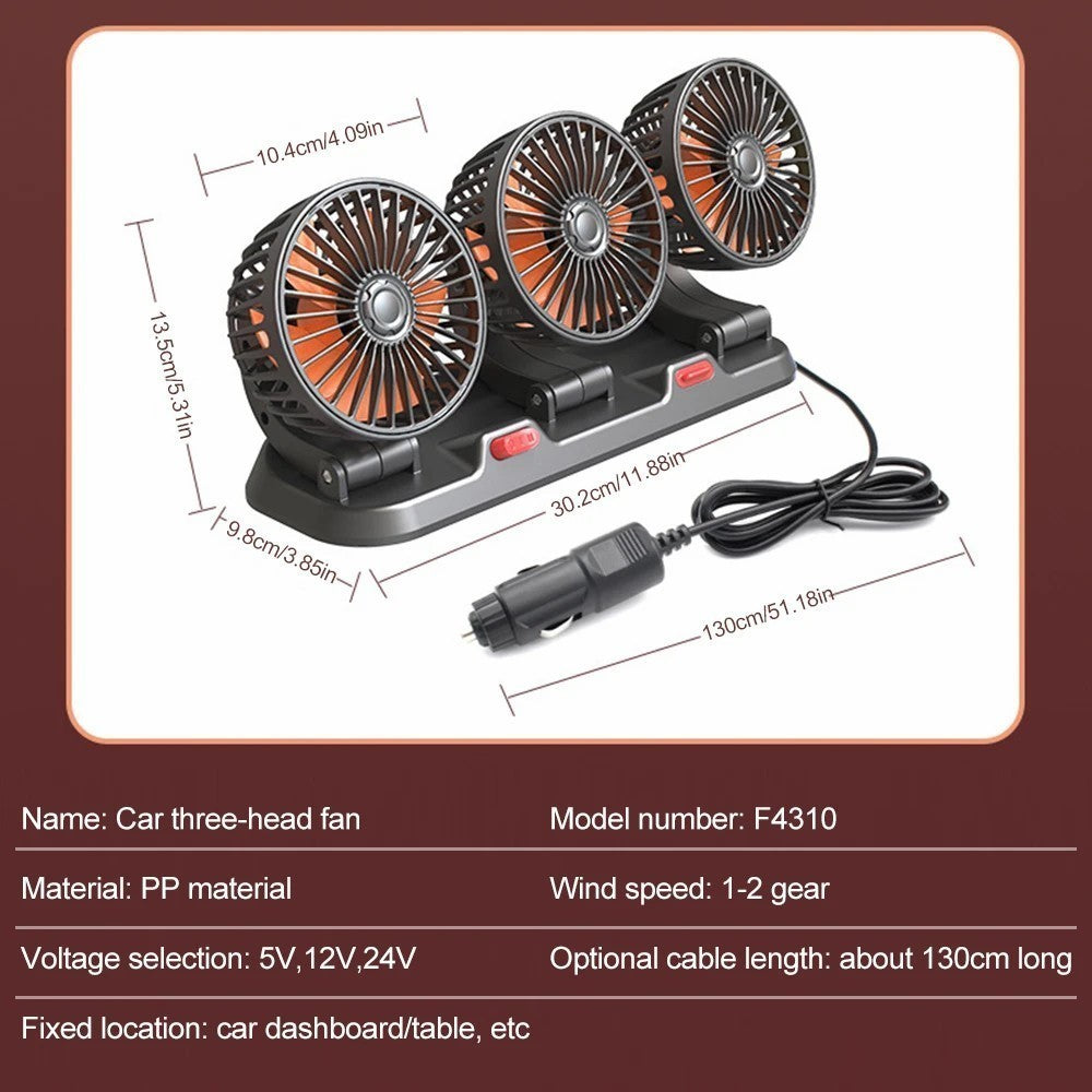 Summer Car Cooler Fan Interior 3-Head - Choose 5V-12V-24V Cigarette Lighter Plug