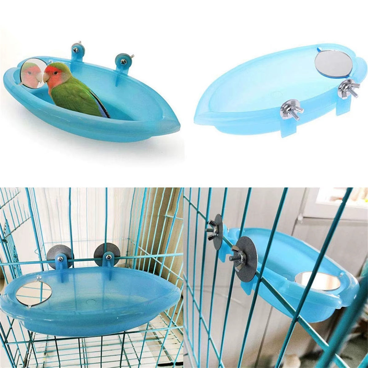 Bird Water Bath Tub for Pet Cage Hanging Bowl Parrot Parakeet Bird Bath+Mirror