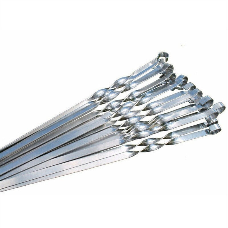 10PCS BBQ LONG Metal Kebab Grill Steel Sticks Flat Skewers Barbecue Meat