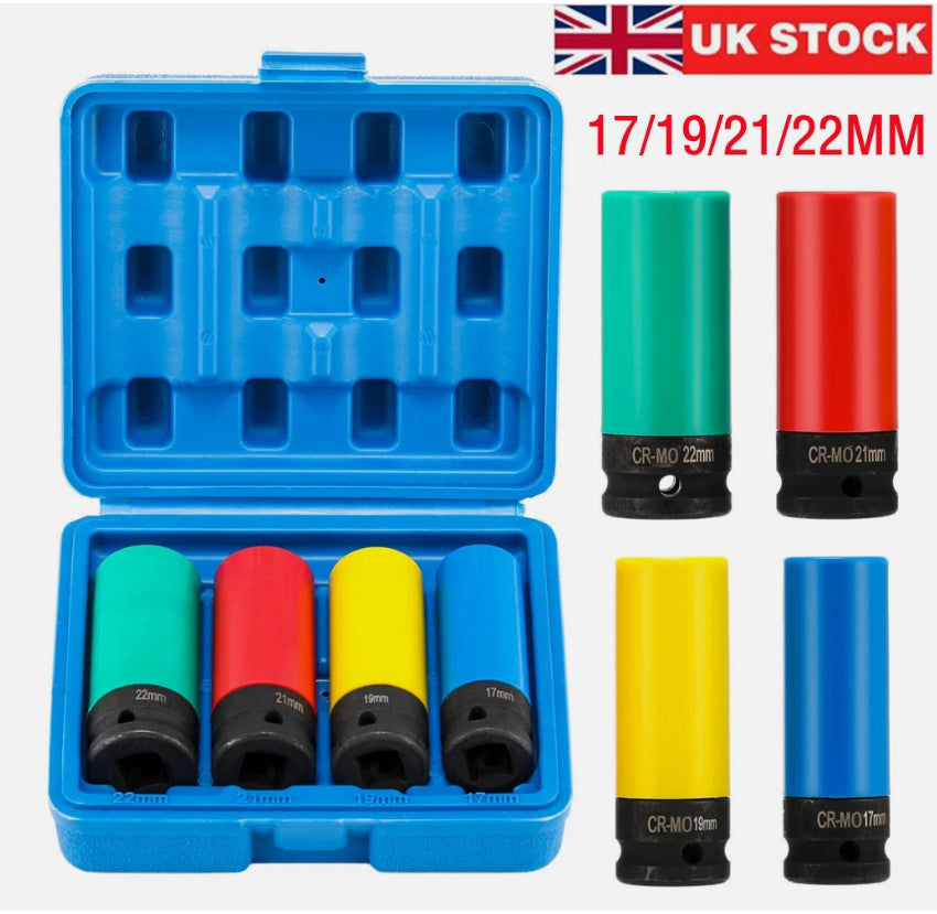 1/2" drive 17mm 19mm 21mm 22mm Alloy Wheel Nut Thin Deep Impact Socket Set