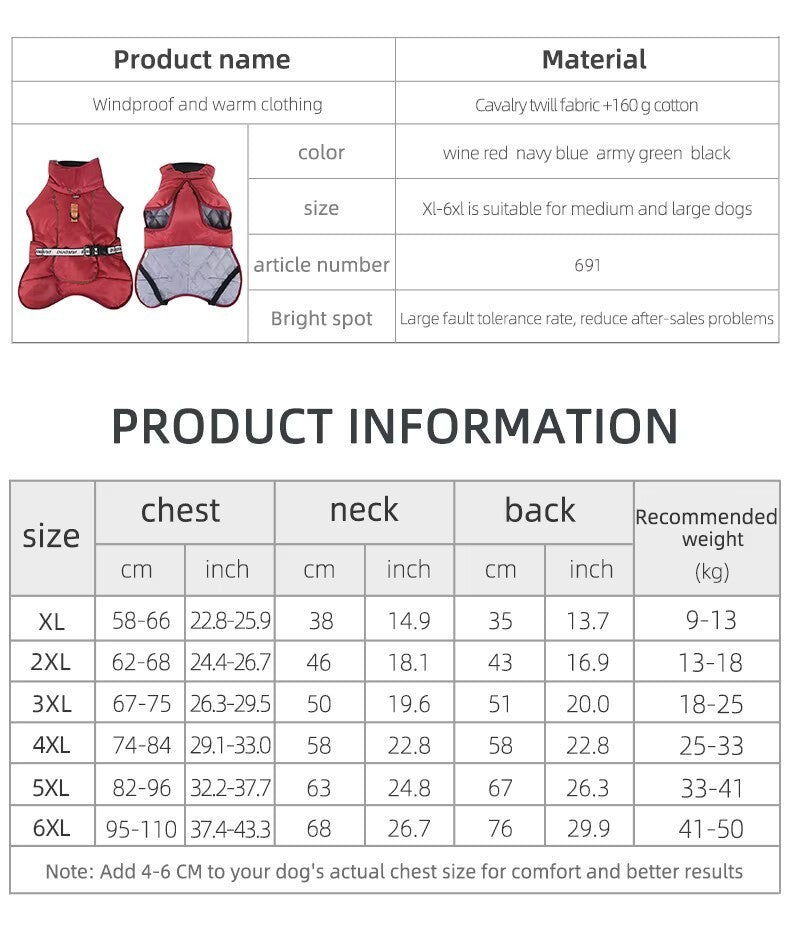 Large Dog Clothes Winter Warm Coat Windproof Waterproof Thicken Pet Down Jacket
