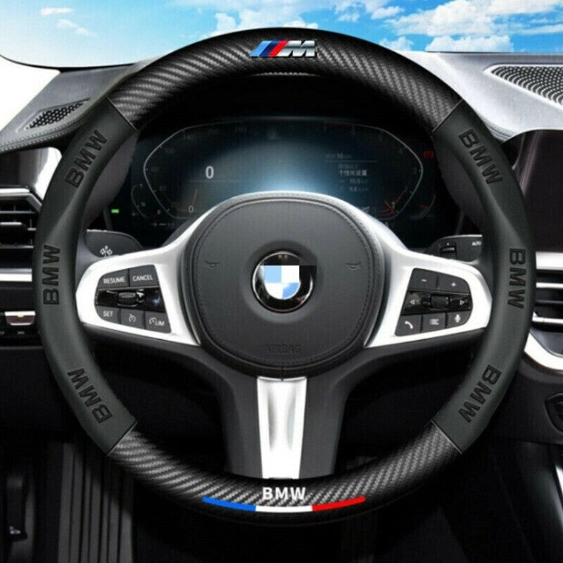 15" PU Leather+Carbon fiber Steering Wheel Cover For 1950-2026 BMW All Cars