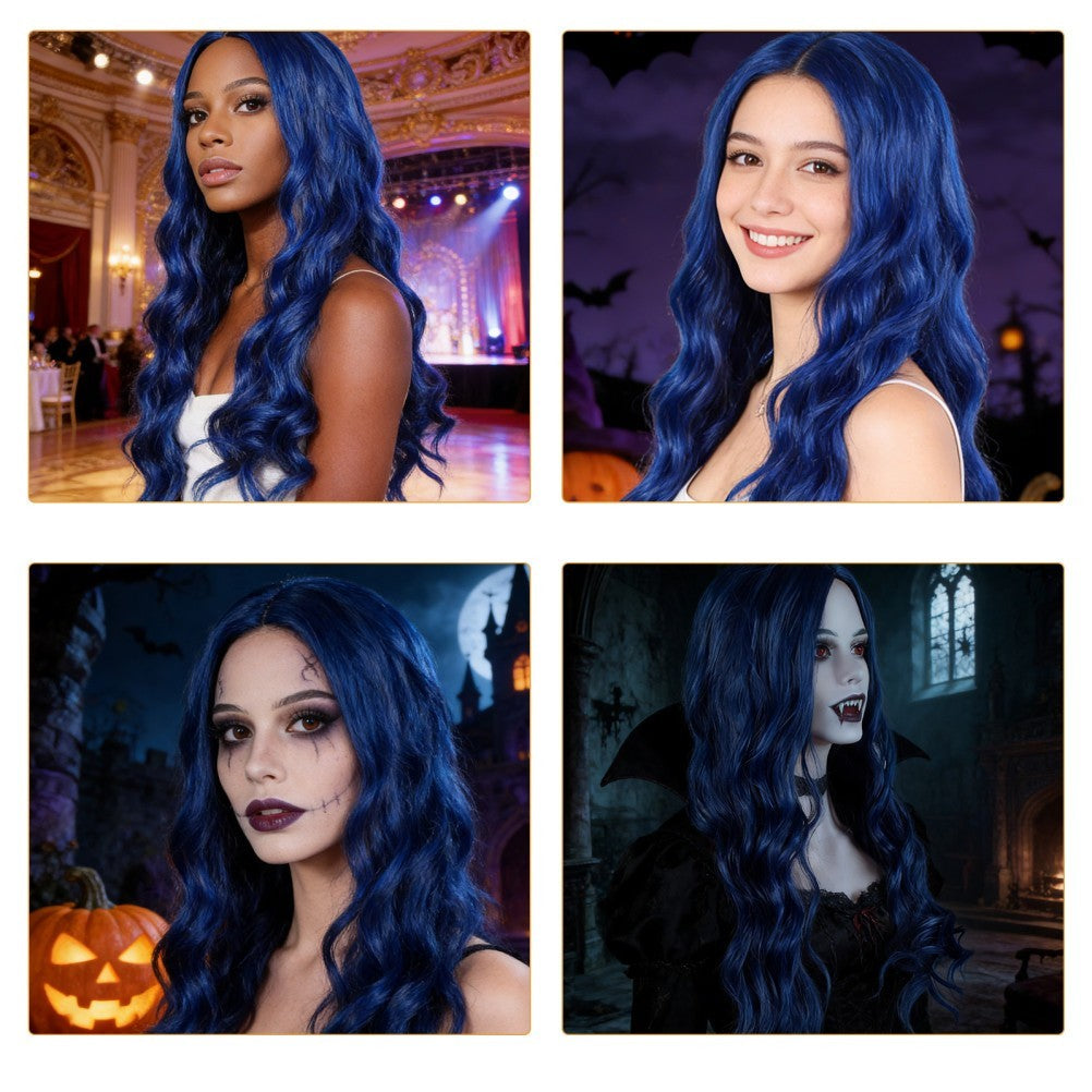 Long Wavy Wigs Halloween Blue Hairpiece Beautiful Women's Periwig Natural Wig