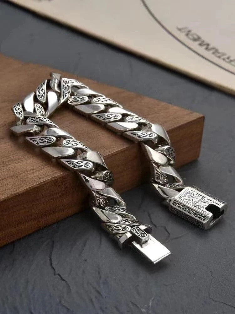 22cm Men's Solid Heavy Thick  Clasp Cuban Chain Link Retro Bracelet