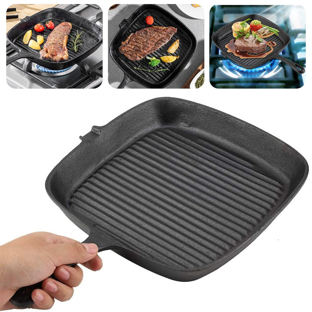 Cast Iron Griddle Frying Pan Grill Non-Stick Skillet Cooking Fry Square Steak UK