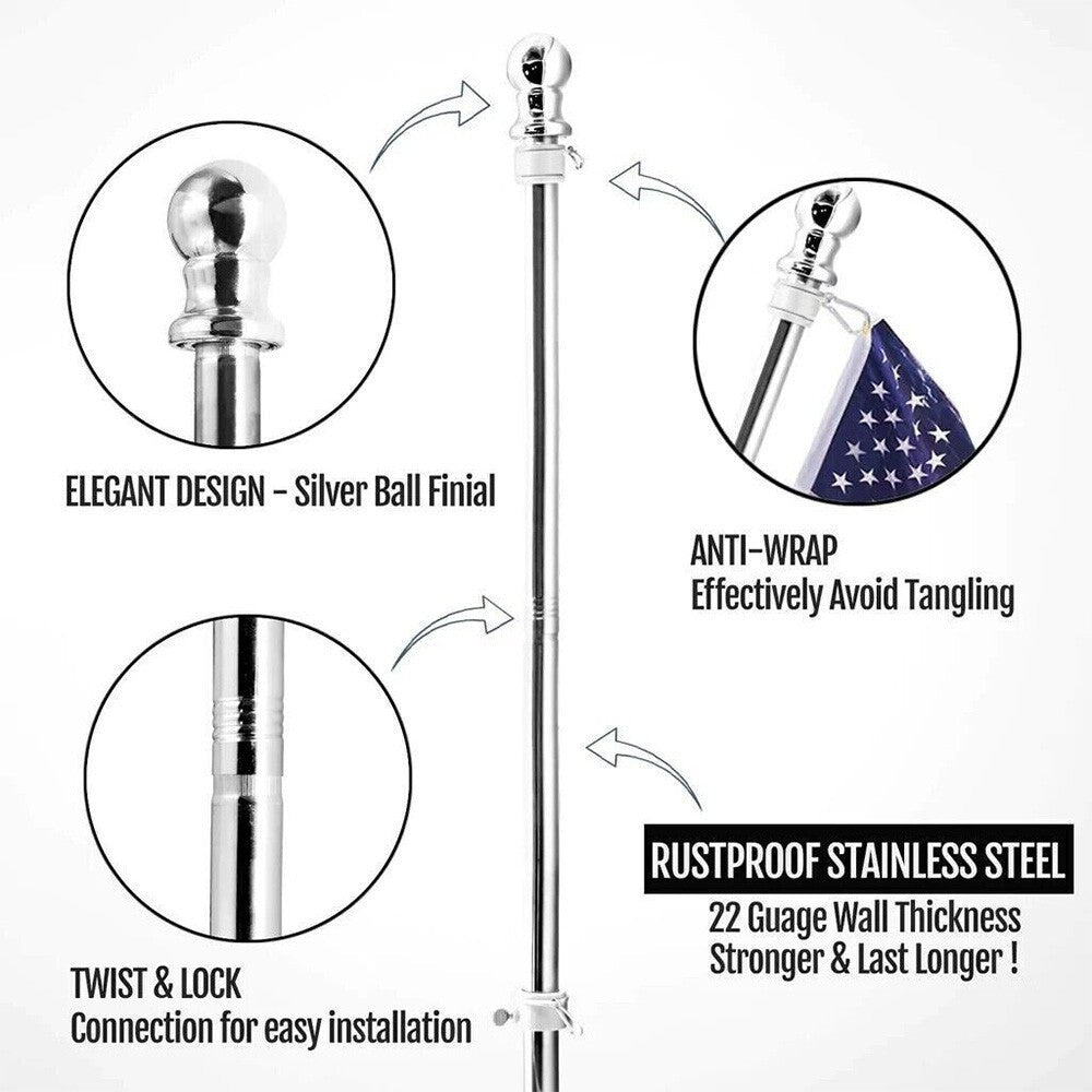 Heavy Duty Adjustable Flag Pole Kit 6FT, Stainless with Free Rings & Outdoor