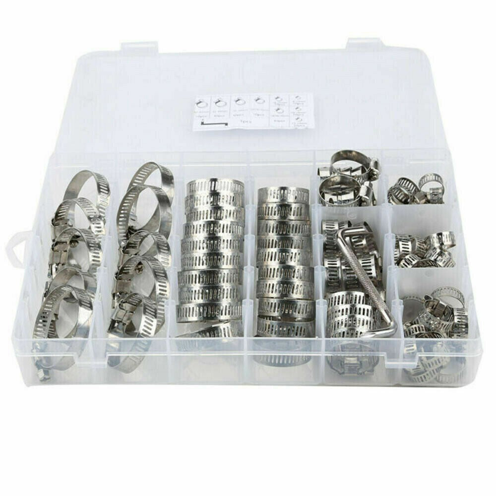 101x Assorted Stainless Steel Hose Clamp Kit With No Driver Jubilee Clips Set