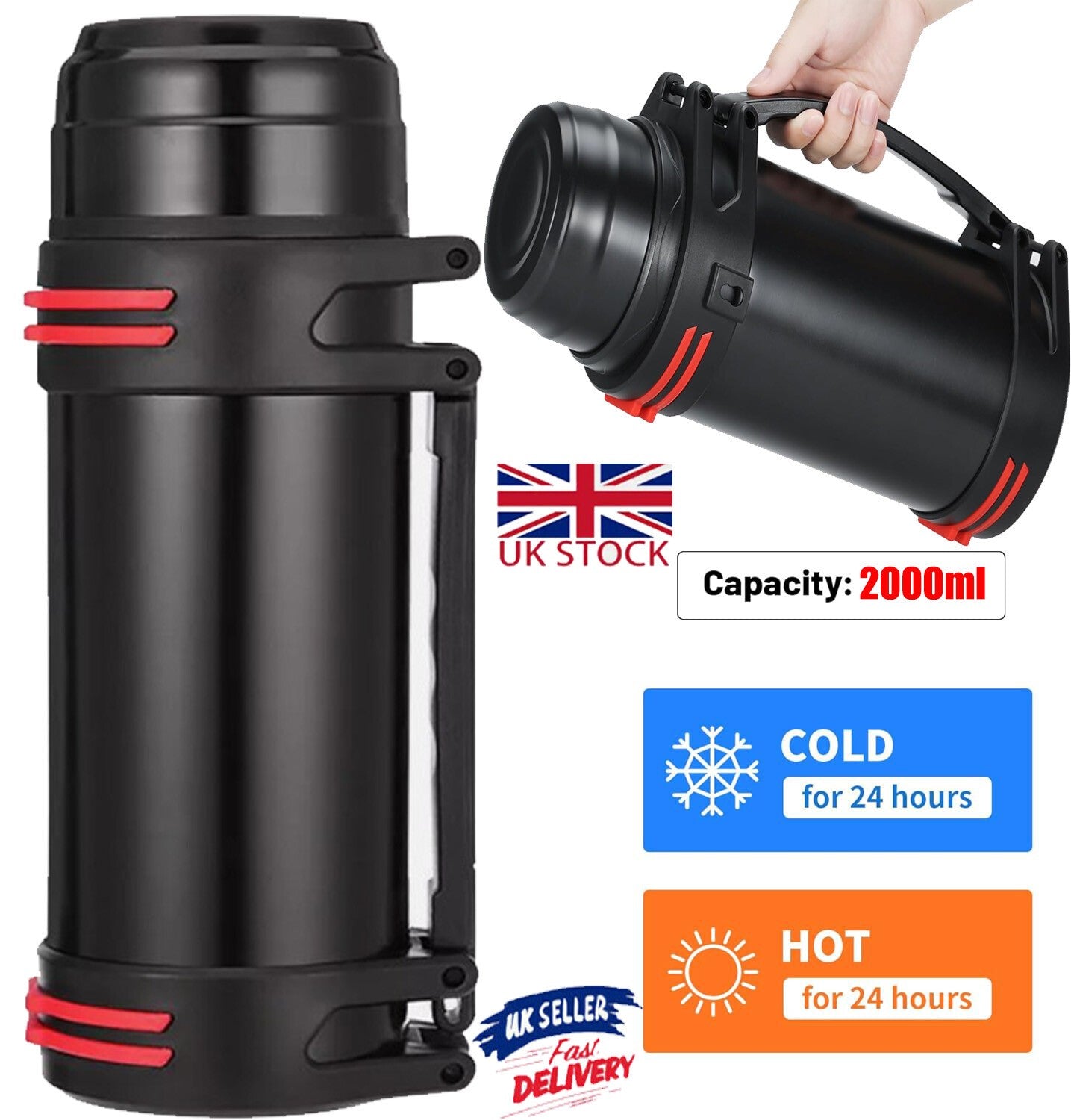 2L Thermos Flask Stainless Unbreakable Vacuum Handle Drinks Bottle Leak-Proof UK