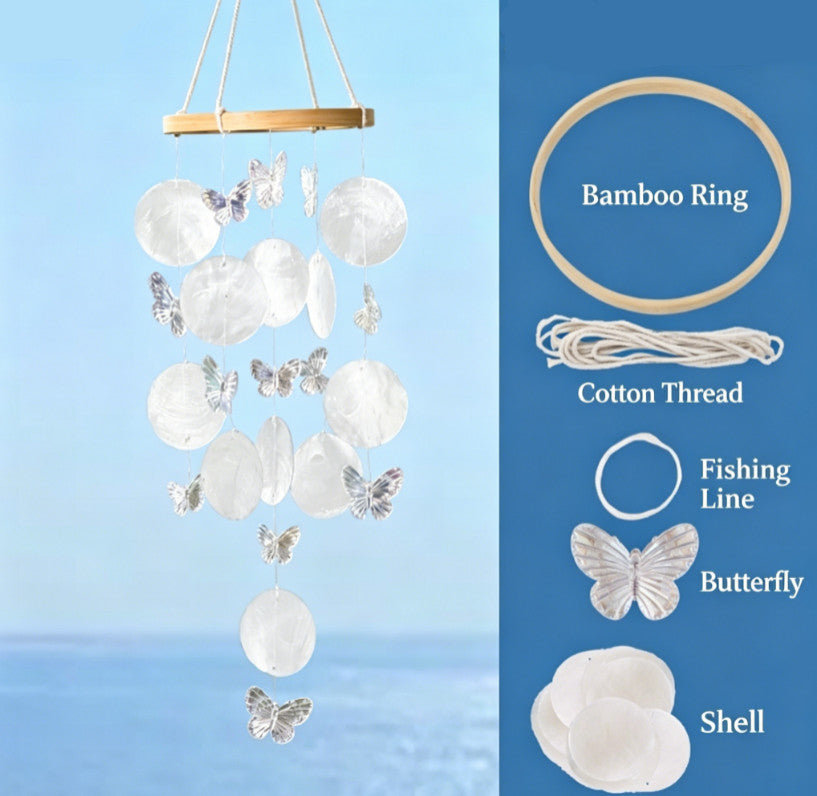Shell Wind Chime for Outside, Butterfly Sea Glass Shell Wind Chime