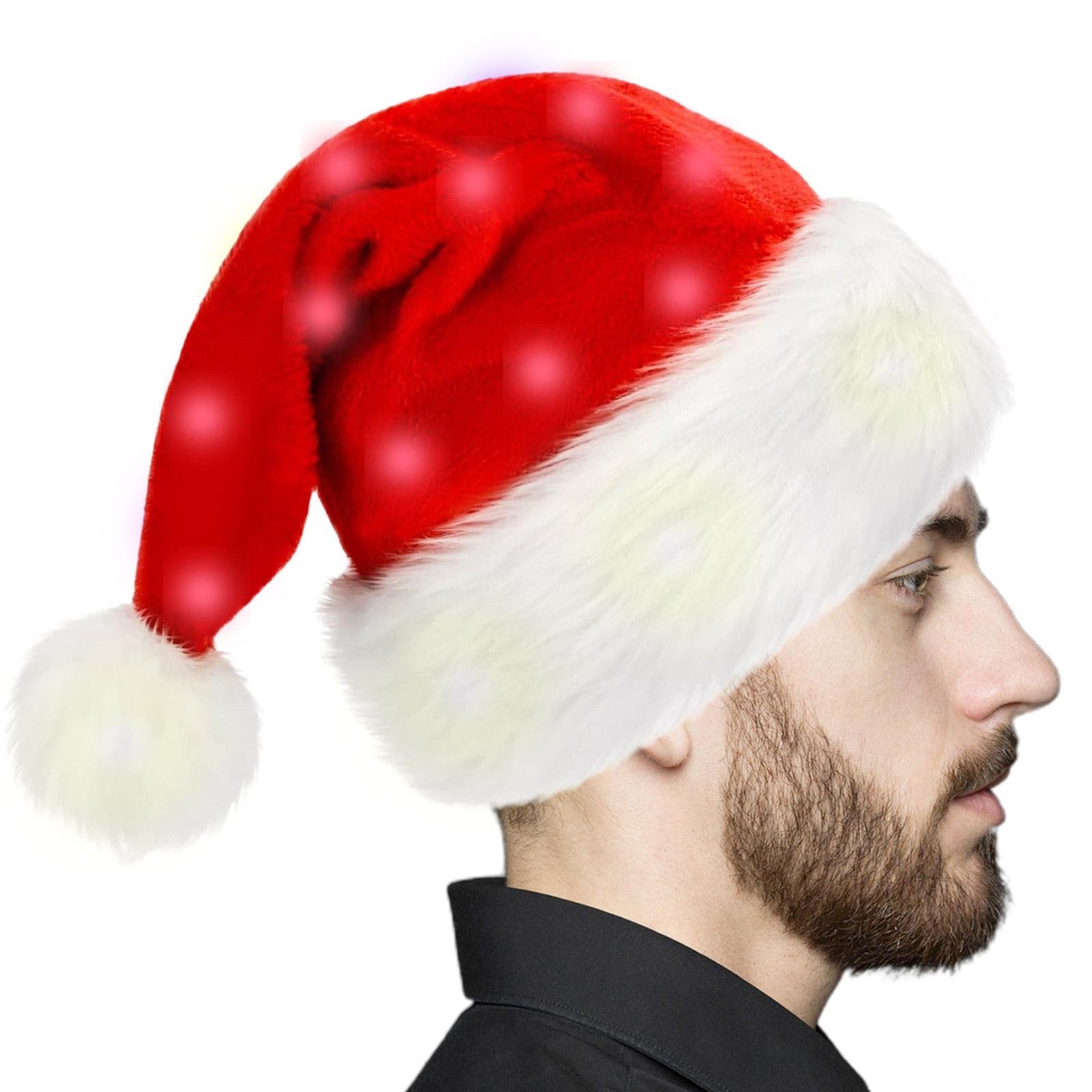 Christmas Hat with LED Lights Funny Santa Hat Plush Faux Fur Xmas Holiday Hat
