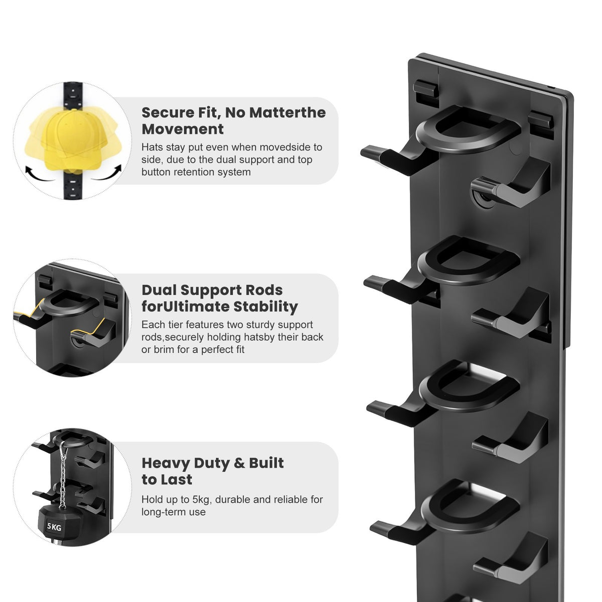 2 Pack Hat Rack Organizer Wall-Mounted or Self-Adhesive Hat Holder for 18 Hats