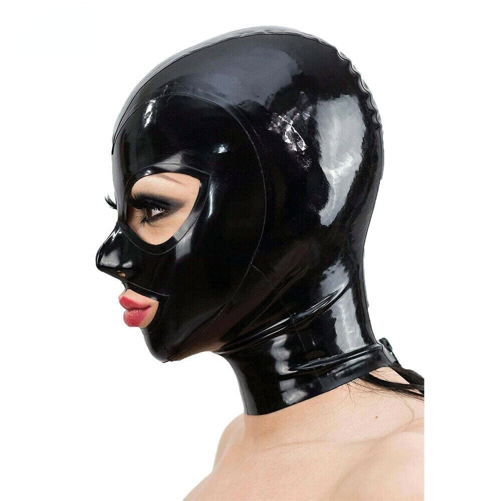 Back Latex Hood Rubber Mask Zipper Party Cosplay Hats UK