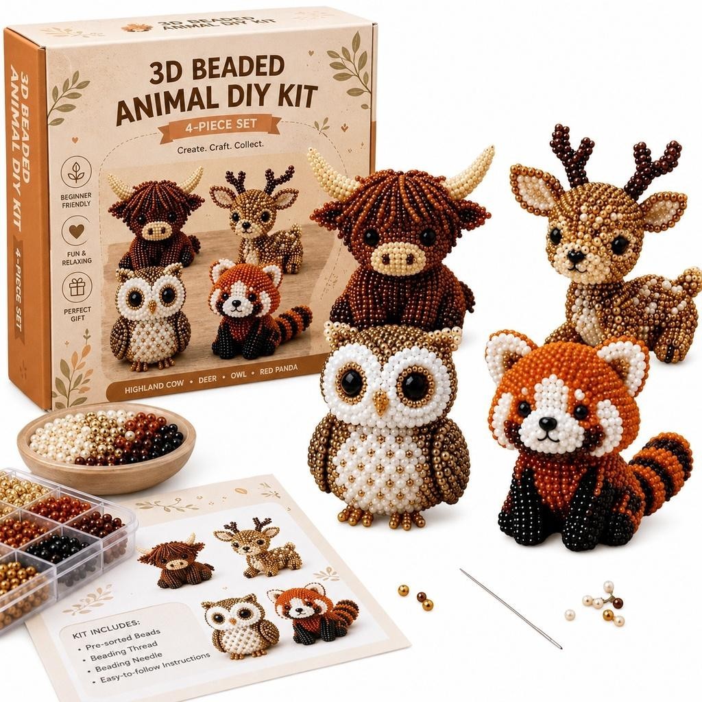 3D Beaded Animal DIY Kit, Cute Animals Bead Embroidery Kit Handmade DIY Animal