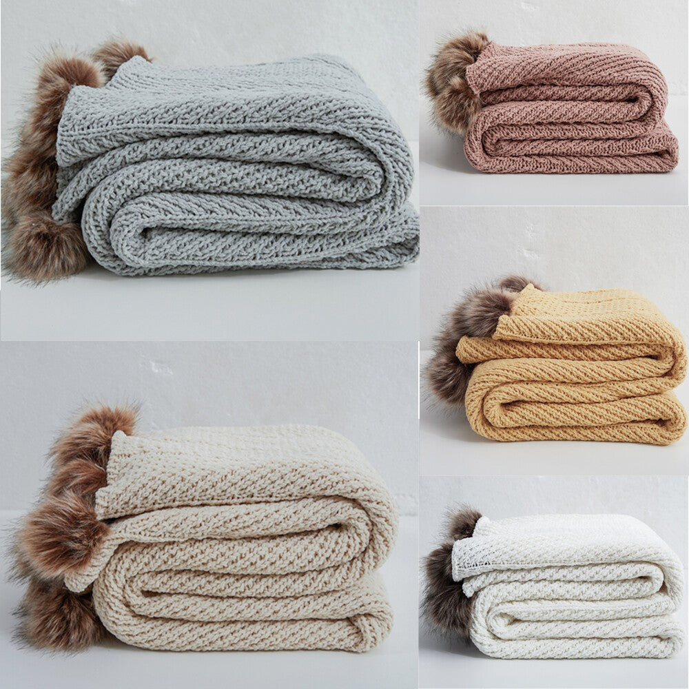 Fluffy Pom Pom Throw Blanket Knitted Sofa Bed Blankets Warm Home 130 X 160cm