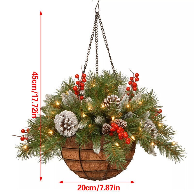Christmas Artificial Flower Hanging Basket w/ LED Lights Xmas Garden Home Decor