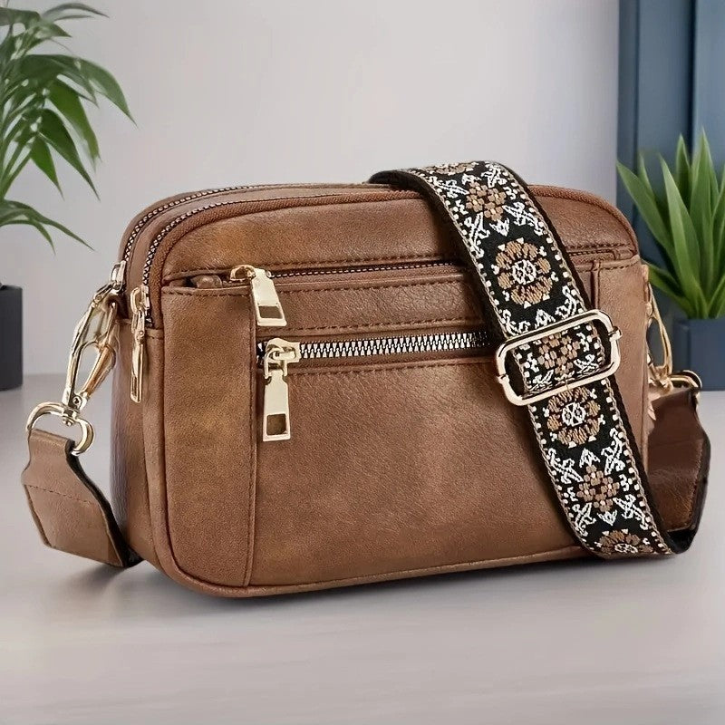 Women Leather Cross Body Bag, Wide Strap Shoulder Messenger Handbag for Ladies