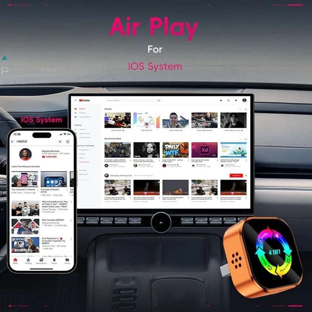 4-in-1 Wireless CarPlay Android Auto MirrorLink Adapter BT WiFi USB Plug & Play