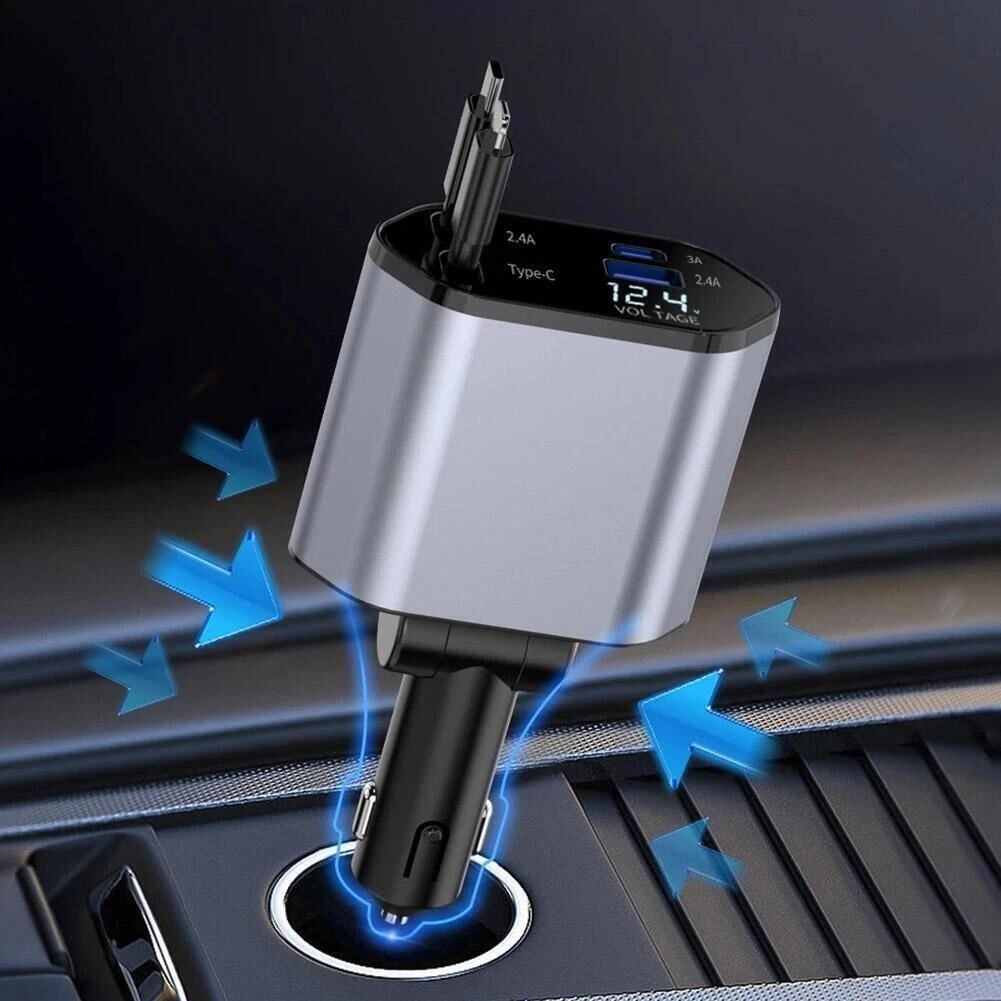 Retractable Car Charger 4IN1 120W USB Type C Cable For Phone Fast Charge Adapter