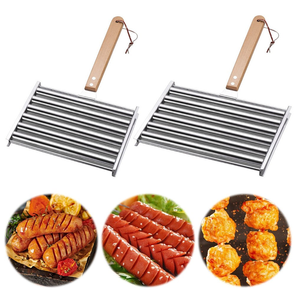 BBQ Grill Stainless Steel Hot Dog Roller 5 Sausage Holder Outdoor Cookware