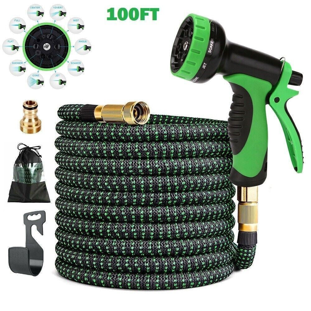 Heavy Duty Expandable Garden Hose 10 Function Flexible Spray Water Gun 100FT
