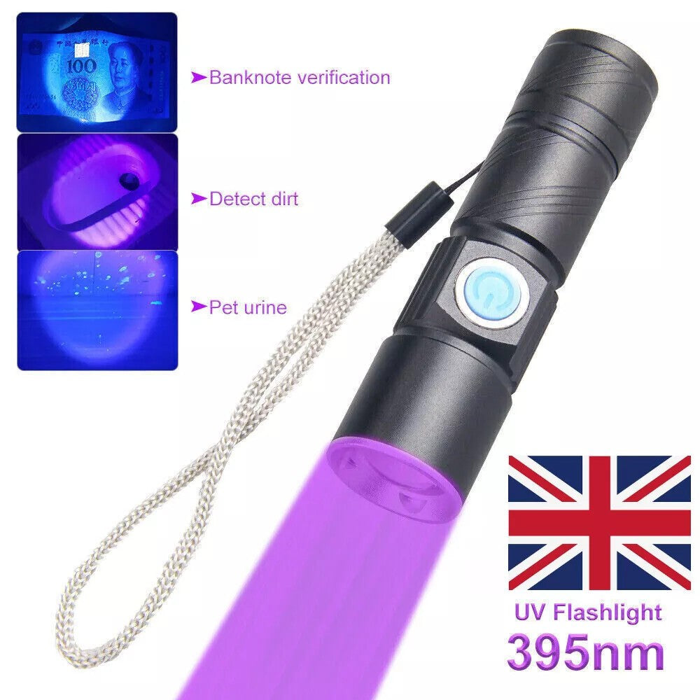 395 LED UV Torch Flashlight Light USB Rechargeable Ultra Violet Blacklight Zoom
