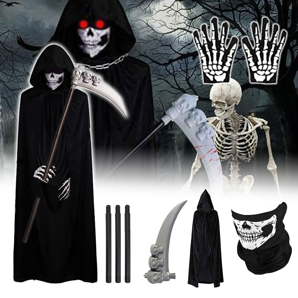 2026 New Adult Grim Reaper Costume Black Hooded Cloak Mask Gloves Scythe Set UK
