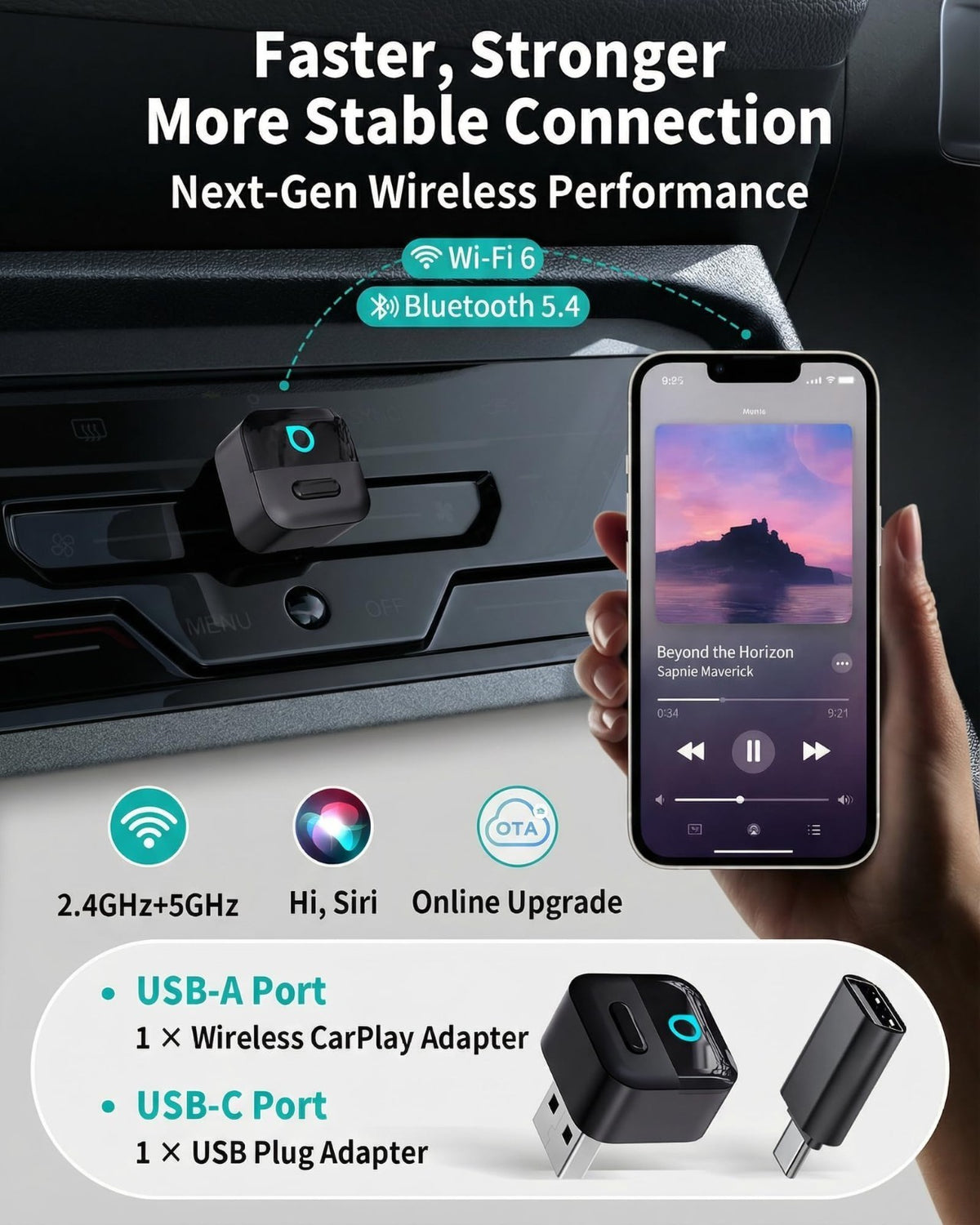 Wireless CarPlay AndroidAuto Adapter USB Dongle 2in1 w/Button