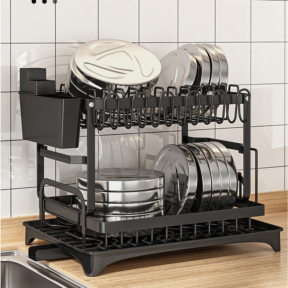2 Tier Dish Drainer Rack with Drip Tray Cutlery Holder Plate Rack Kitchen Sink