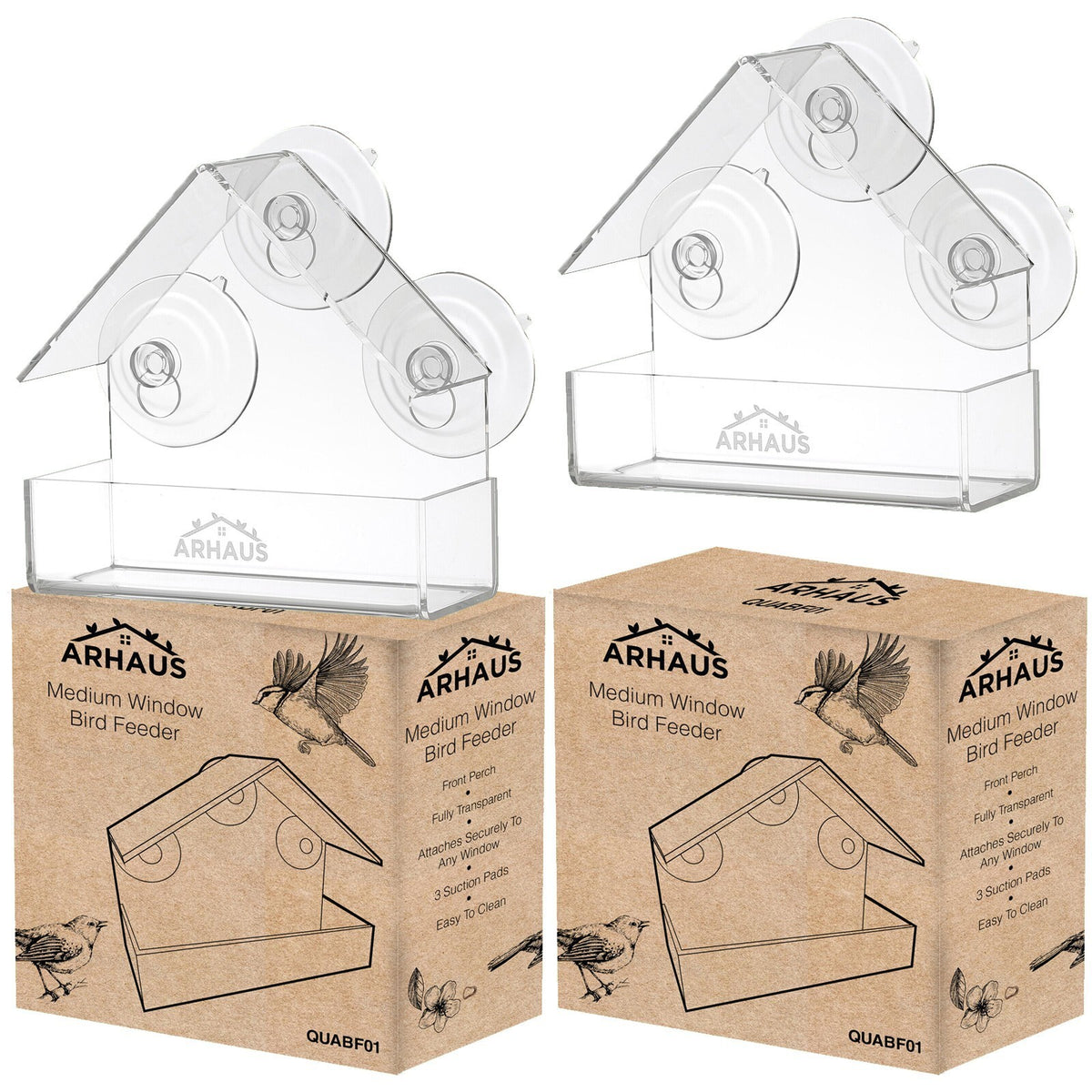 2 Glass Window Bird Feeder Stations Seed Mealworm Suction Cups Clear Perspex