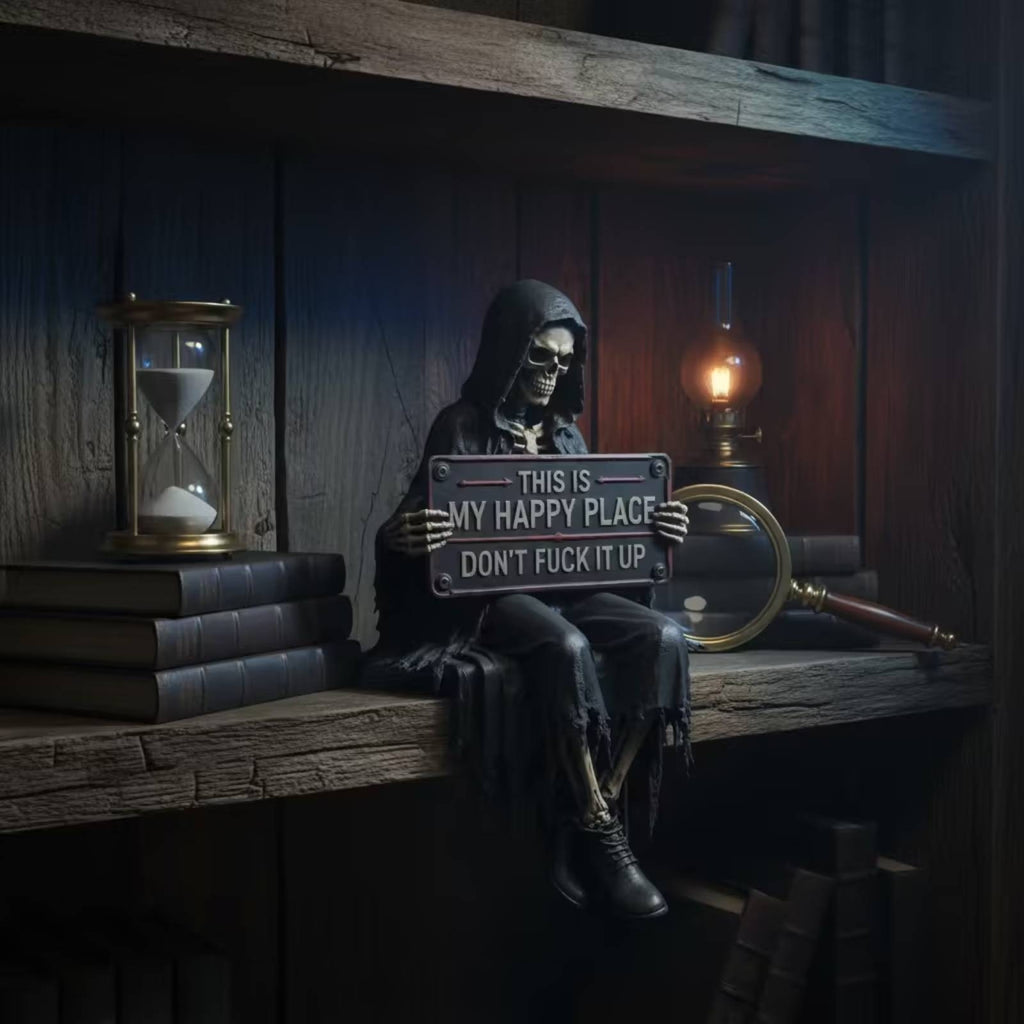 Skeleton Statue with Sign Tabletop Grim Reaper Statue Dark for Bookshelf, Goths