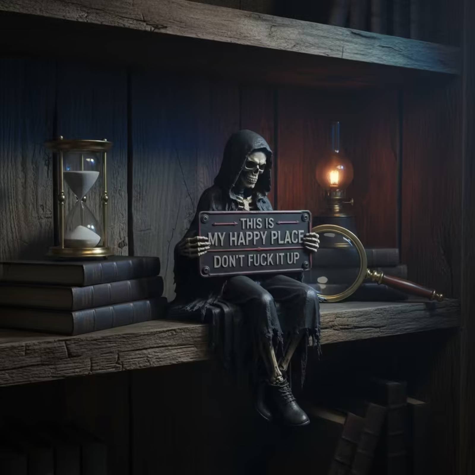 Skeleton Statue with Sign Tabletop Grim Reaper Statue Dark for Bookshelf, Goths