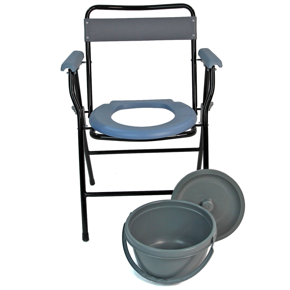 Folding Steel Commode Chair Portable Toilet with Safety Lock and 4 Litre Pail