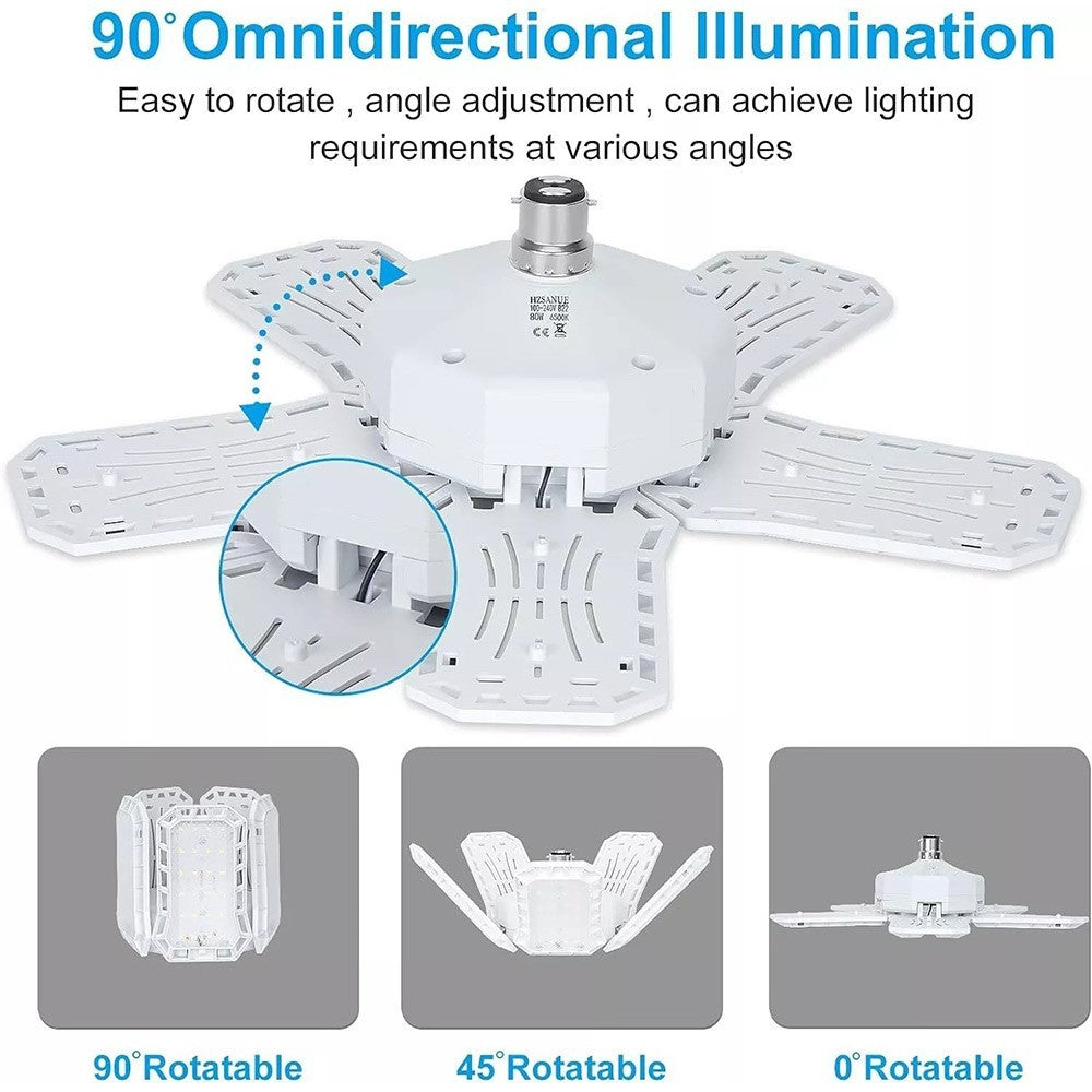 80W LED Garage Bulbs B22 9000Lm 6500K Deformable Lamp with 5 Panels