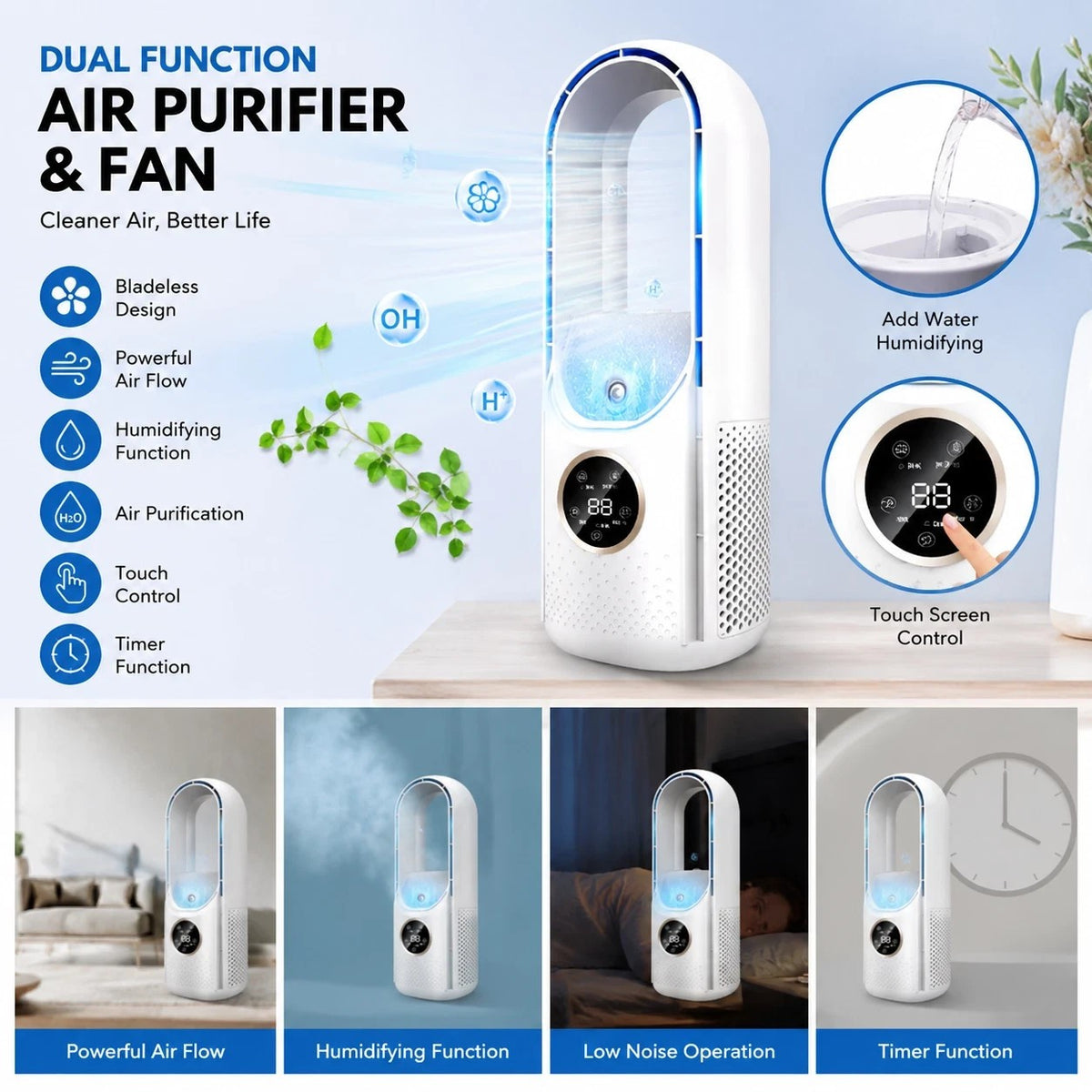 Portable Air 6-Speed Silent Timer Air Conditioner Cooler Leafless Electric Fan