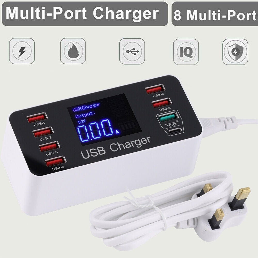LCD Display Station Hub with UK Plug 8 Multi-Port USB Fast Quick Charger Adapter