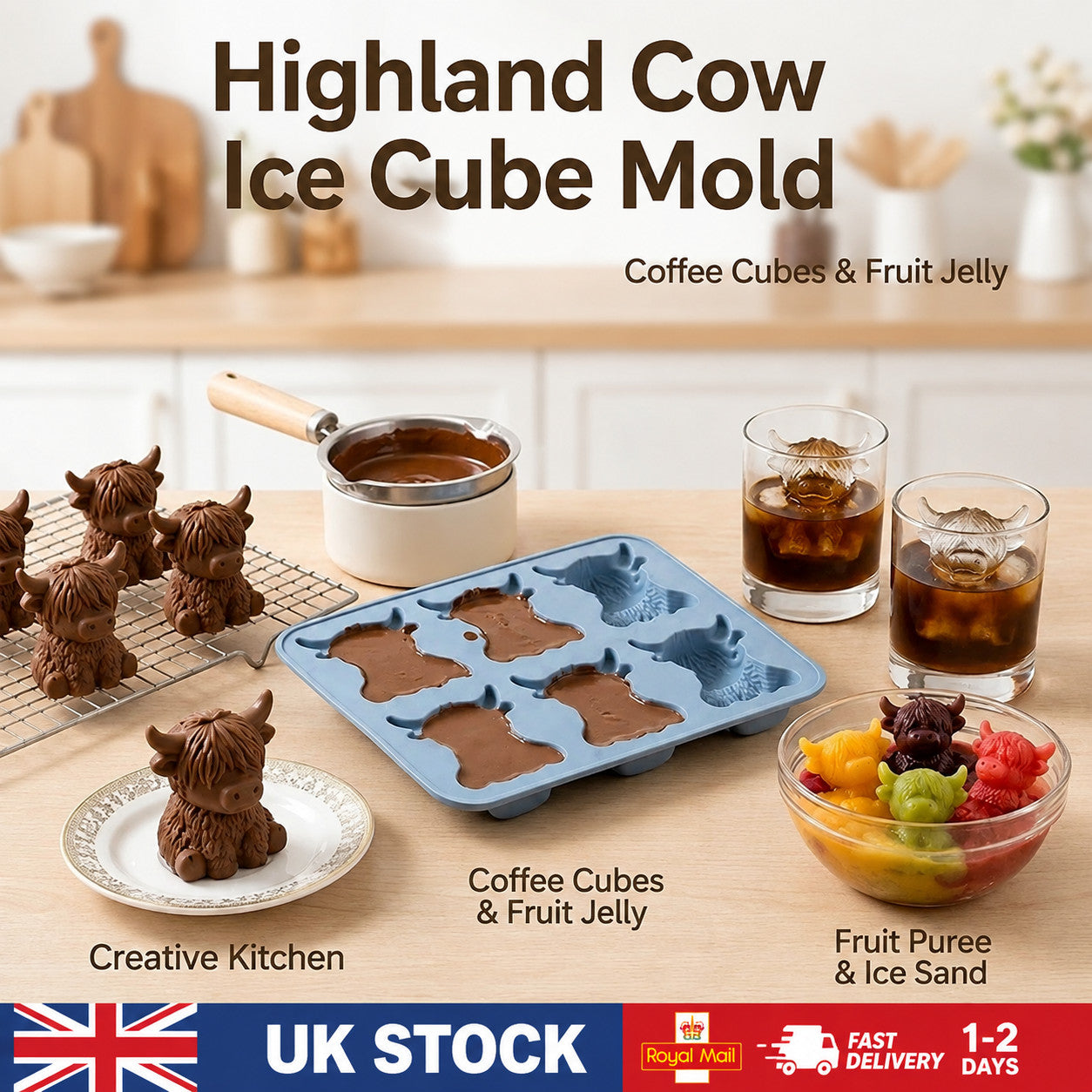 🔥3D Highland Cow Ice Cube Tray Silicone Ice Ball Maker Mold for Kitchen Gifts