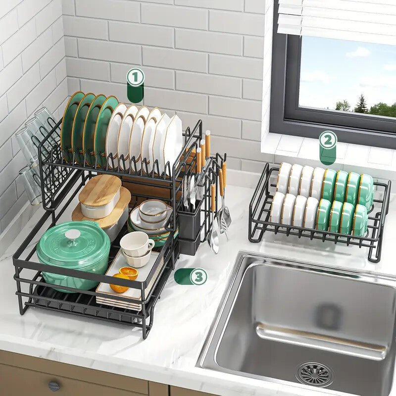 3 Tier Dish Drainer Rack with Drip Tray Cutlery Holder Plate Racks Kitchen Sink