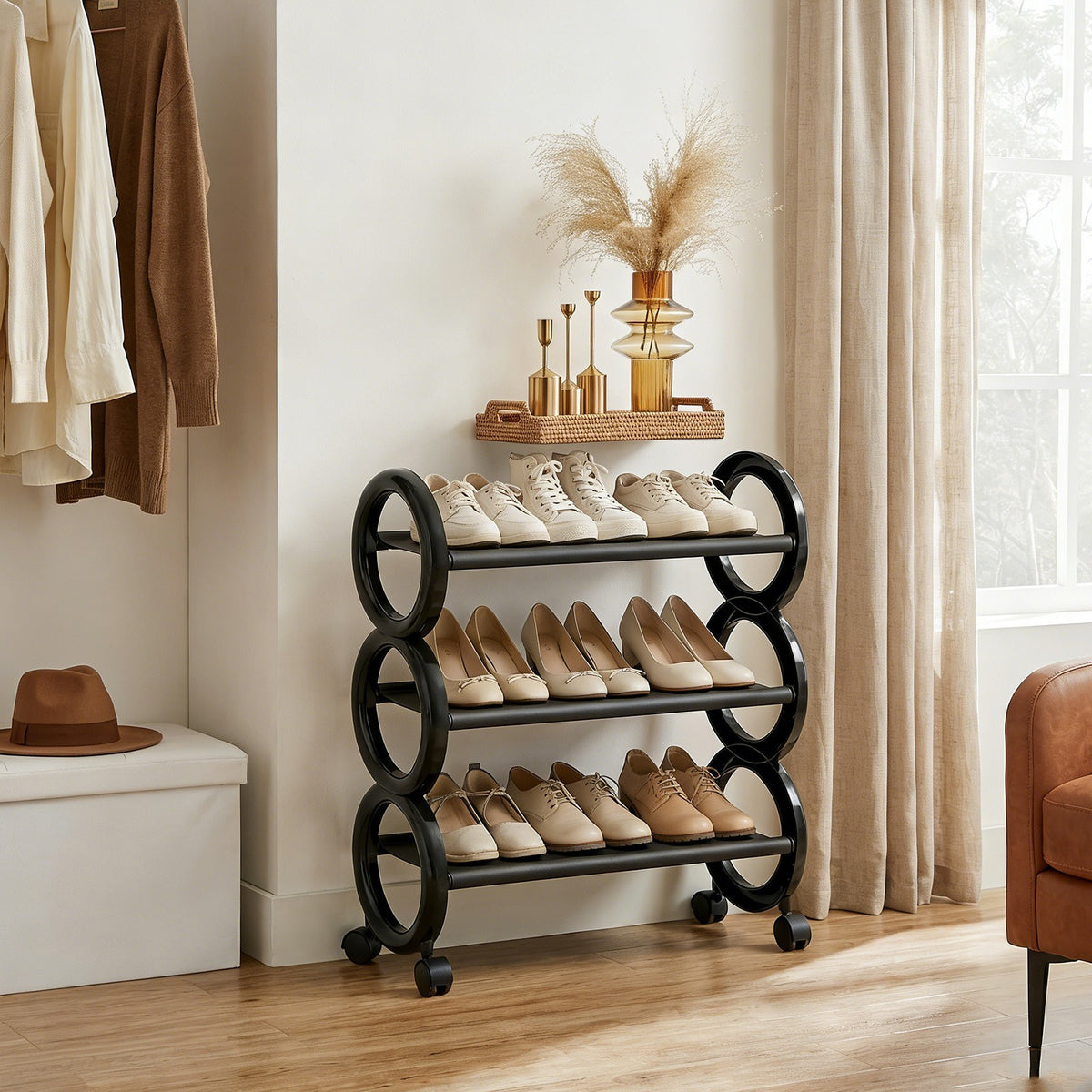 3-Tier Rolling Shoe Rack with Wheels,Circular Design Metal Storage Shelf