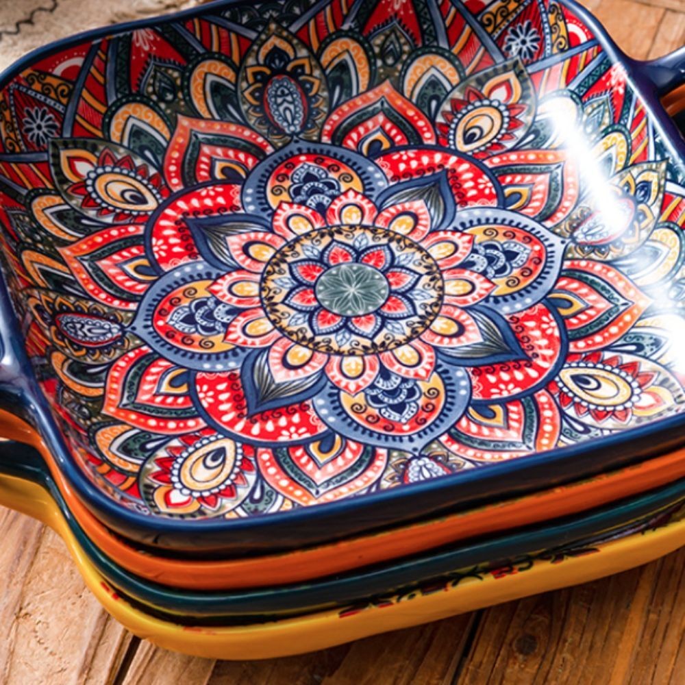 Square Bohemian Ceramic Plate Colorful Salad Dish Dinner Plate Microwave